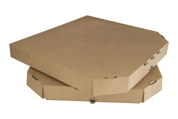 Stack Of pizza boxes isolated on white ackground. Closed brown cardboards. Template food paper package.