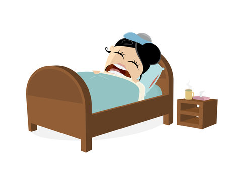 clipart of a sick woman in bed