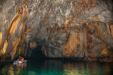 Boats at cave of Puerto Princesa subterranean underground river on Palawan, Philippines