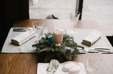 Beautifully decorated festive dinner table at the restaurant.