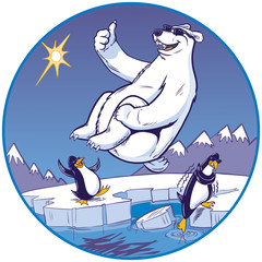Cartoon Polar Bear Doing Cannonball Plunge While Penguins Watch