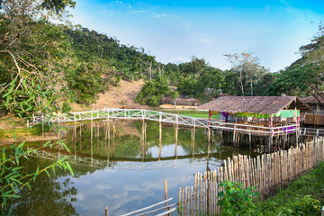 Tropical  little lake with a bamboo bridgein northern Palawan, Philippines.