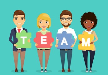 The concept of the business team. Young guys and girls in business suits. At them in hands a puzzle of different colors. Different. In flat style. Cartoon.