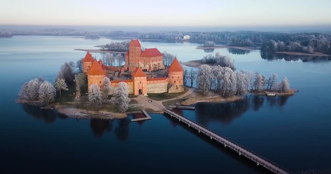 Trakai castle at winter, aerial view above the castle
