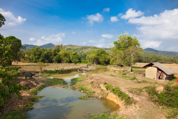 Traditional huts near to small river at Palawan, Philippines.