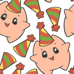 Funny and happy cartoon pillows with festive cap. Design for Pajama Party invitation card. Decoration for Slumber Pajama Overnight Sleepover party. Cheerful pink pillow in hat vector seamless pattern.