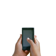 Men hand holding and touch on black smartphone, isolated on white background.