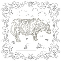 Monochrome doodle hand drawn yak, clouds, flowers, frame. Anti stress stock vector illustration