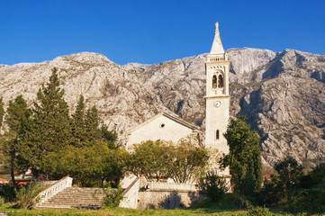 Fototapeta na wymiar View of Church of St. Eustahije, Dobrota town, Montenegro