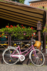 Fototapeta na wymiar pink bicycle parked decorate interior living room modern style with cement mortar wall background