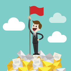 Businessman standing on a huge tower stack of messages or emails and handing red flag. Job is finished successfull