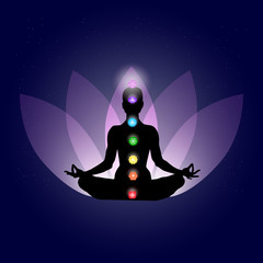 Famale body in yoga assana with seven chakras in shining neon colors on gently purple lotus petals and dark blue space with stars background. Vector illustration eps10