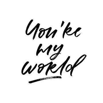 You're my world. Valentine's Day calligraphy phrases. Hand drawn romantic postcard. Modern romantic lettering. Isolated on white background.