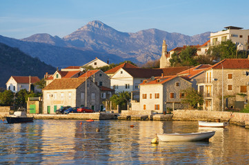 View of Mediterranean village in winter.  Montenegro, Bay of Kotor, Lepetane
