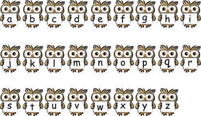 owls holding a card about alphabet set