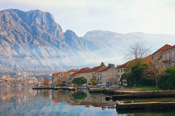 Winter Meditarranean landscape .  Montenegro, view Bay of Kotor, Lovcen mountain and Prcanj town