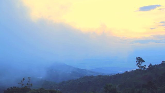 Footage of South American Andes mountain range with multiple mountain layers covered by dense fog moving across landscape and valley. Some trees and branches seen on the foreground. 