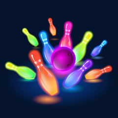 Bowling neon glowing pins. Vector clip art illustration