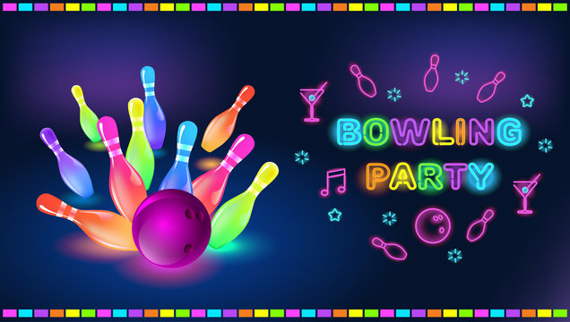 Bowling party template. Tv size banner. Vector clip art illustration.