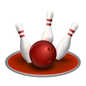 Bowling three pins and red ball. Vector illustration. Strike bowling.