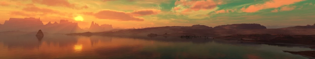 Poster Panorama van het zeelandschap bij zonsondergang, zonsopgang in de oceaan boven het eiland © ustas