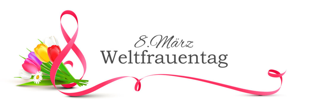 8. März Weltfrauentag - Geschwungenes Band mit stilisierter Acht,Tulpen Blumenstrauß und Typographie