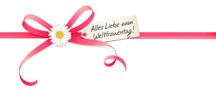 Weltfrauentag - Schleife mit Margeriten Blume, Etikett und Handschrift