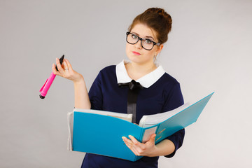 Confused business woman thinking about problem solution