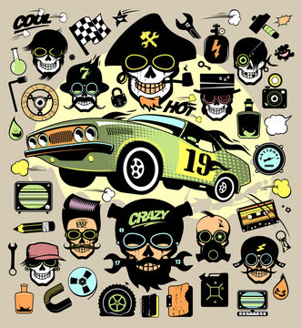Set of fashion icons and symbols with race car, hipster skulls
