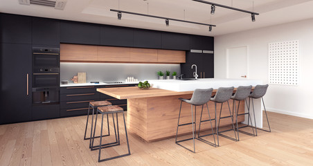Modern kitchen interior design 3D Rendering