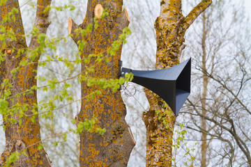 Iron loudspeaker hanging on the tree