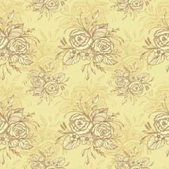 Seamless pattern with flowers bouquet   in beige in retro style for decoupage or for wallpaper or textile or  for decoration package of cosmetic perfume shampoo soap