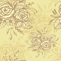 Seamless pattern with flowers bouquet   in beige in retro style for decoupage or for wallpaper or textile or  for decoration package of cosmetic perfume shampoo soap