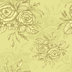 Seamless pattern with flowers bouquet   in olive in retro style for decoupage or for wallpaper or textile or  for decoration package of cosmetic perfume shampoo soap