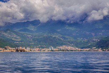 Fototapeta na wymiar View from sea on Budva, famous resort city in Montenegro