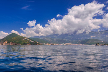 View from sea on Budva, famous resort city in Montenegro