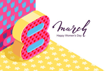 8 March vector horizontal bannerd, International Women's Day. Number eight in 3d isometric style on floral pattern background. Holiday design elements for greeting card, poster, party invitation.