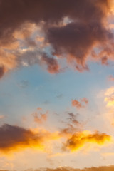 The vertical view of sky background or texture at the sunset time with clouds. Copy space