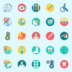 icons set about Medical. with tooth, wheelchair, yoga, tablets, stomach and worldwide
