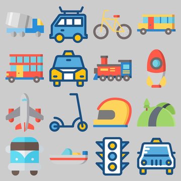 Icon set about Transportation with keywords helmet, road, double decker, airplane, truck and scooter