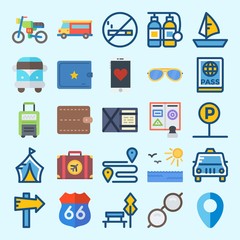 icons set about Travel. with suitcase, sun, wallet, parking, smartphone and location
