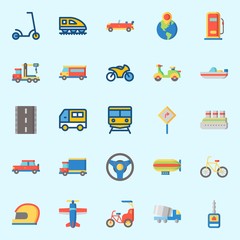 icons set about Transportation. with road, bike, sport  car, steering wheel, truck and train