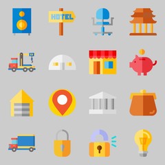 Icons set about Real Assets. with online store, truck and single
