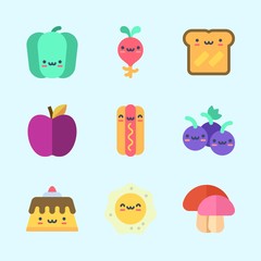 Icons about Food with bell pepper, radish, apple, grapes, pudding and toast