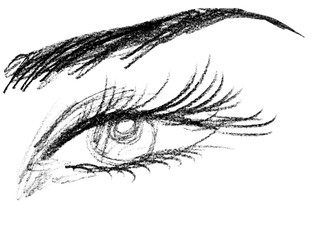 Obraz premium Eye of a girl close-up, drawing with a pencil. The concept of advertising cosmetics, health and beauty of the human body. Isolated.