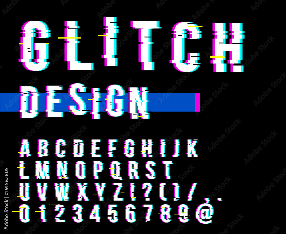 Fototapete trendy style distorted glitch typeface. letters and numbers vector illustration. glitch font design.