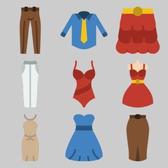 Icon set about Women Clothes with keywords shirt, dress, trousers, swimsuit and skirt