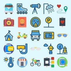 icons set about Travel. with suitcase, park, skyscraper, scooter, travel bus and roller skate