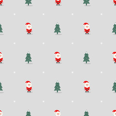 Xmas tree, Santa Claus and snowflakes cute seamless pattern on grey background. Vector holidays illustration for NY and Christmas. Cartoon style. Design for fabric, textile, wallpaper and card