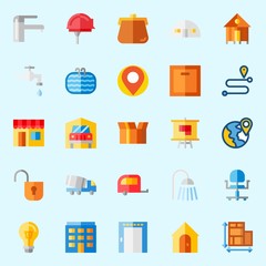 icons set about Real Assets. with rent, online store, shower, turned off, plan and placeholder